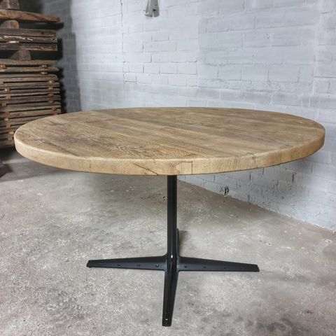 Round Industrial Dining Table – Reclaimed Sunburned Oak Top – Modern ... inside Industrial Dining Table Reclaimed Wood Top